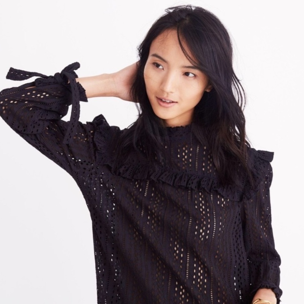 Madewell Eyelet Mockneck Ruffle Top in Black